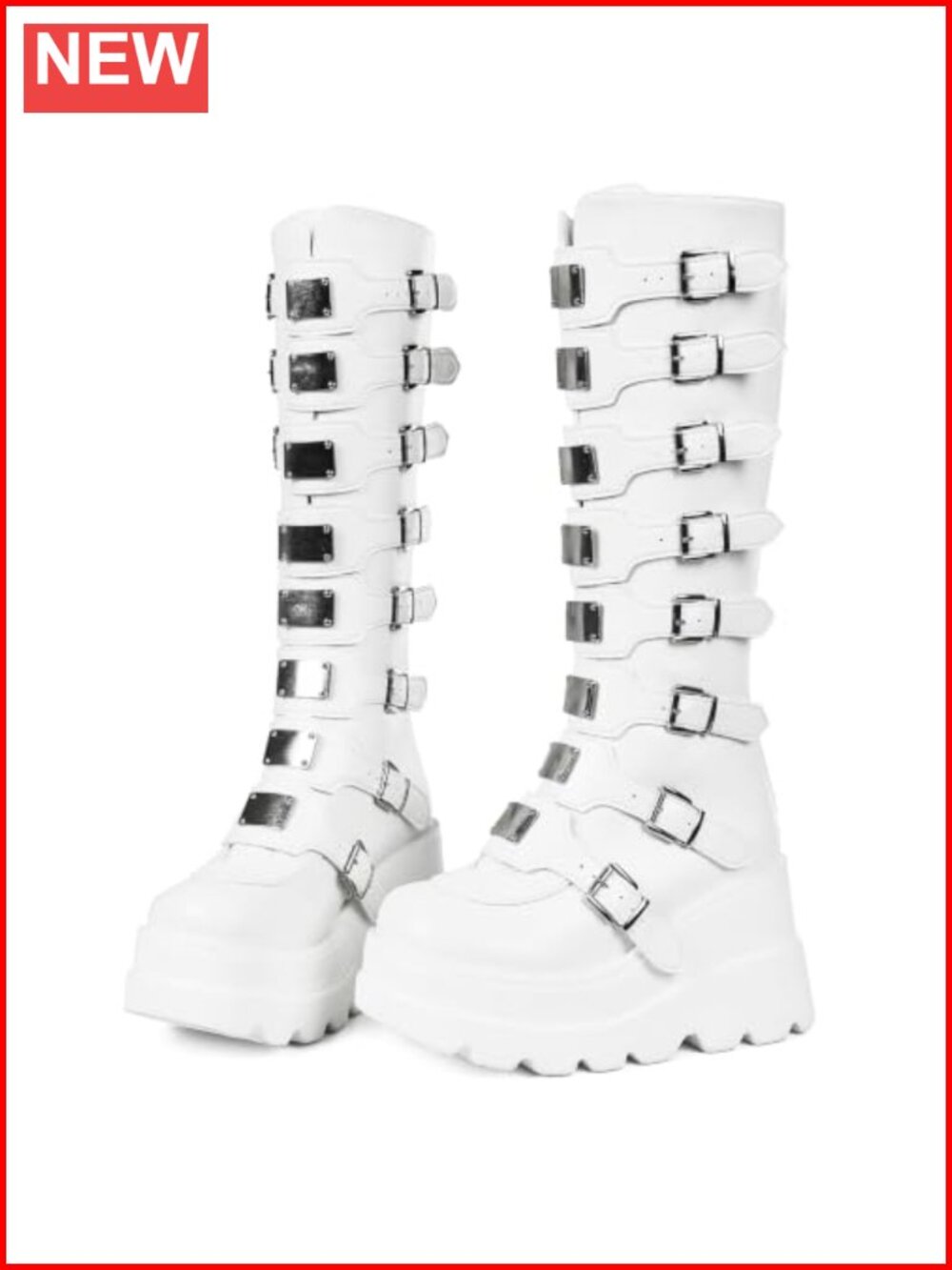 Goth Platform Knee High Boots Multi-Buckle Vegan Leather Combat Y2K